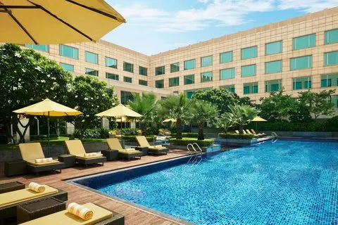 Guest room wing overlooking the pool at JW Marriott, New Delhi Aerocity